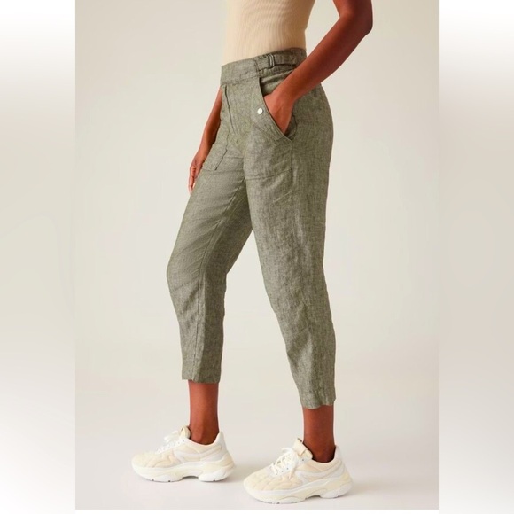 Athleta Voyager Linen Pant Aspen Olive Pull On Elasticized Waist Buckle Sz 10 - Picture 1 of 13